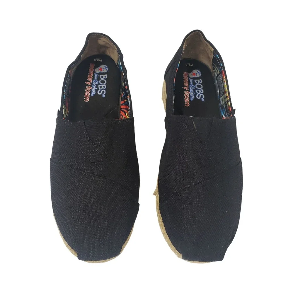 BOBS from Skechers Women 8.5 Black Canvas Espadrille Platform Slip On Flats